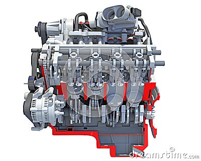 Cutaway V8 Engine section 3D rendering on white background Stock Photo