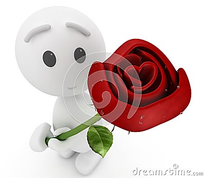 Cute 3d guy offers you a rose Stock Photo