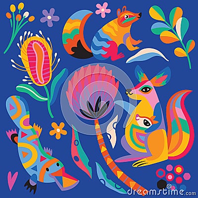 Cute abstract Australian animals, flowers and leaves. Vector illustration Vector Illustration