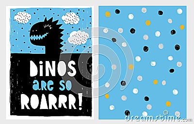 Cute Abstract Black Dinosaur Theme Vector Illustration Set. Black Dino`s Head on a Blue Background. Vector Illustration