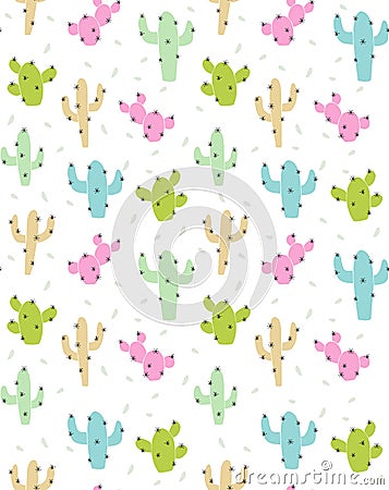 Cute Abstract Cactus Vector Pattern. Pink, Green, Beige and Blue Cactus with Black Spines. Vector Illustration