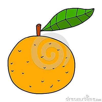 Cartoon hand drawn doodle orange with leaf. Citrus doodle icon Vector Illustration