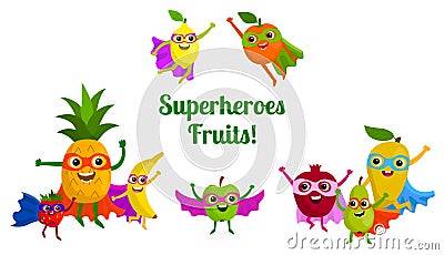 Cute happy superheroes fruits with masks and cloaks. Vector Illustration