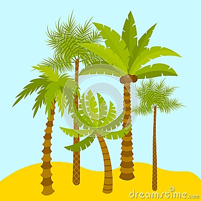 Cute cartoon palm Oasis. Exotic summer trees in flat style. Vector Illustration