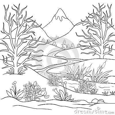 Adult coloring book,page an abstract landscape for relaxing. Vector Illustration