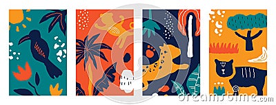 Cute abstract posters. Minimal trendy vertical banners with colorful hand drawn shapes, exotic birds, cartoon animals Vector Illustration