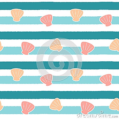 Cute abstract shells on blue stripes background seamless pattern illustration Vector Illustration