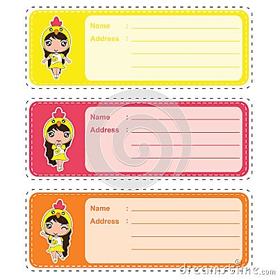 Cute address label vector cartoon illustration with cute colorful chick girls suitable for kid address label design Vector Illustration