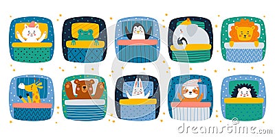 Cute adorable animals characters sleeping in bed under blanket isolated set vector illustration Vector Illustration