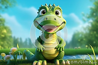 a cute adorable baby alligator character stands in nature in the style of children-friendly cartoon animation fantasy 3D style Stock Photo