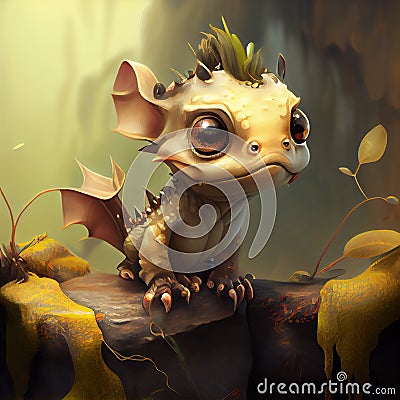 Generative AI:a cute adorable baby dragon Illustation stands in nature Stock Photo