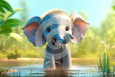 cute adorable baby elephant showering himself with a trunks made in cartoon for kids, fantastic style created by AI Editorial Stock Photo