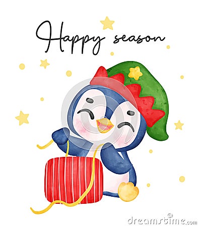 Cute adorable baby joyful penguin in Christmas wreath cartoon character watercolor hand drawing Vector Illustration