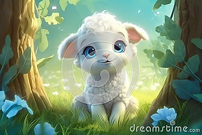 a cute adorable baby lamb in nature rendered in the style of children-friendly cartoon animation fantasy style created by AI Stock Photo