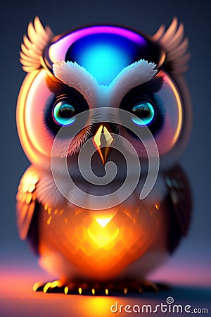 cute adorable baby owl made of crystal ball with low poly eye's surrounded by glowing aura Stock Photo