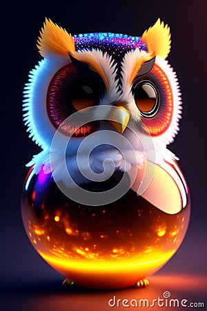 cute adorable baby owl made of crystal ball with low poly eye's surrounded by glowing aura Stock Photo
