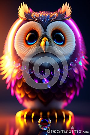 cute adorable baby owl made of crystal ball with low polye's surrounded by glowing aura, flamming sparkles highly Stock Photo