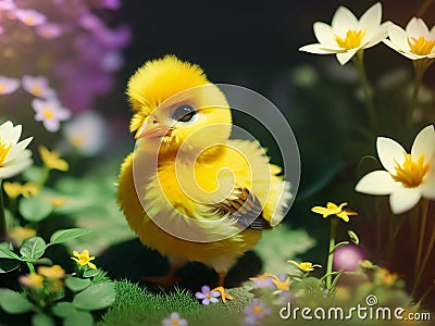 Cute and adorable baby yellow chicken in colorful flowers. Generative AI Stock Photo