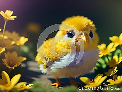 Cute and adorable baby yellow chicken in colorful flowers. Generative AI Stock Photo