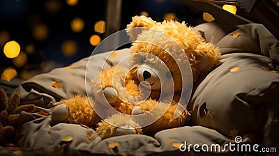 A cute and adorable bear is sleeping under night sky betw. Generative AI. Stock Photo