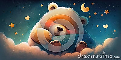 A cute and adorable bear is sleeping under night sky between stars pillow Stock Photo