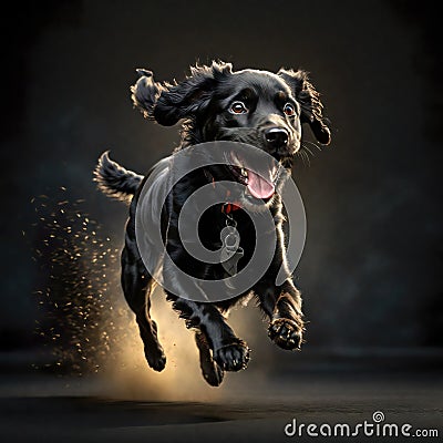 Cute adorable black dog running on dark background, generative ai Cartoon Illustration