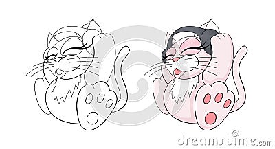 Cute and adorable colorful cat with headphones listening to music Vector Illustration