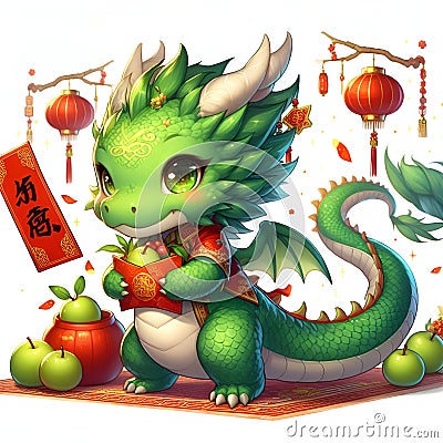 A cute and adorable green dragon, hug a red envelope and fruits, in chinese new year eve theme, lampions, cartoon, anime art Stock Photo