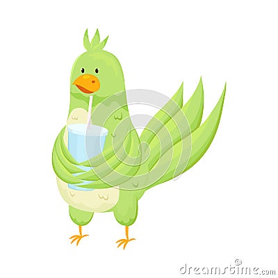 Cute adorable green parrot drink fresh soda in glass Vector Illustration