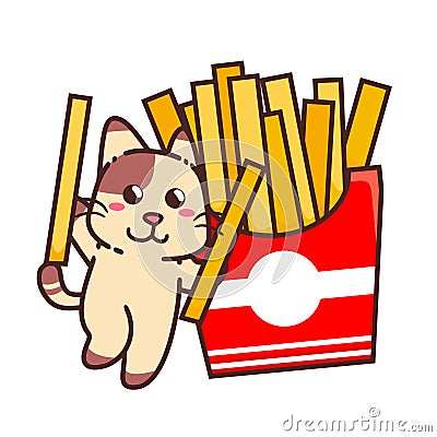 Cute Adorable Happy Brown Cat Eat Potato French Fries Stick Fast Food cartoon doodle vector illustration flat design Vector Illustration