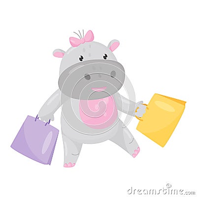 Cute adorable hippo with a pink bow walking with shopping bags, lovely behemoth animal cartoon character vector Vector Illustration