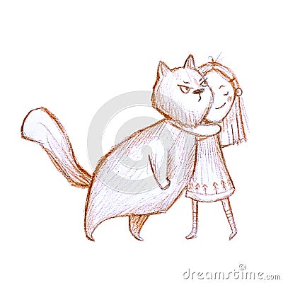 Cute adorable illustration with girl hugs big cat in childish doodle style Cartoon Illustration