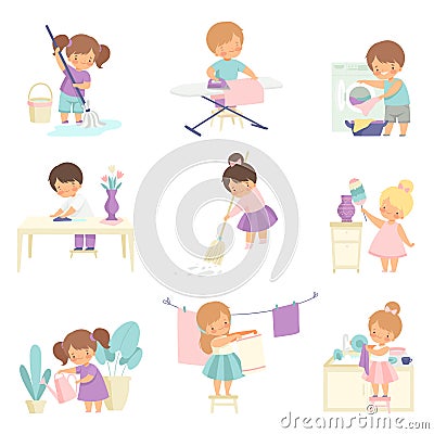 Cute Adorable Kids Doing Housework Chores at Home Set, Cute Little Boys and Girls Sweeping Floor, Ironing Clothes Vector Illustration