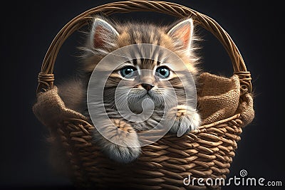 Cute Adorable kitten Cat Realistic Portrait in a Basket Domestic Pet Generative AI Stock Photo