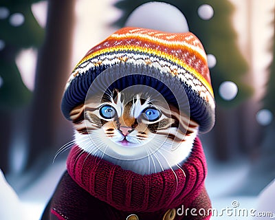 Cute adorable kitten in a jacket and hat knitted cap, winter snow, christmas xmas cuteness big eyes, anthropomorphic cat. Ai Stock Photo
