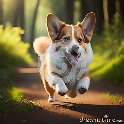 Cute and adorable little corgi running through the sunny forest. Generative AI Stock Photo