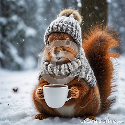 Cute and adorable little fluffy squirrel keeps a cup of coffee. Generative AI Stock Photo