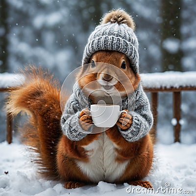 Cute and adorable little fluffy squirrel keeps a cup of coffee. Generative AI Stock Photo