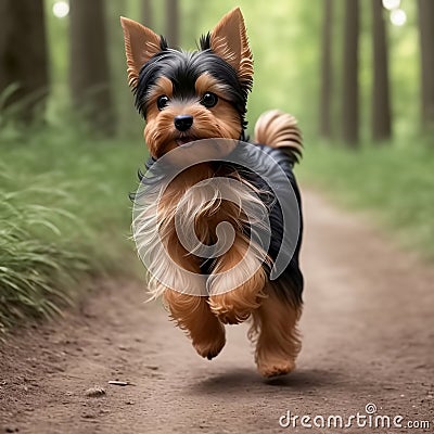 Cute and adorable little Yorkshire terrier running through forest. Generative AI Stock Photo