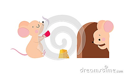 Cute adorable mice in different actions set. Funny mouse drinking tea and sitting in hole cartoon vector illustration Vector Illustration