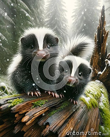 Cute Adorable Pair Skunks Small Animals Snowfall Forest Woodland Critters Winter Canada AI Generated Stock Photo