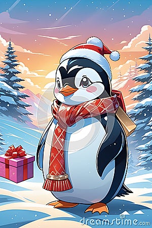 A cute and adorable penguin in cartoon style, with snow capped on the christmas tree , gift, sunset, snow, fantasy, animal Stock Photo