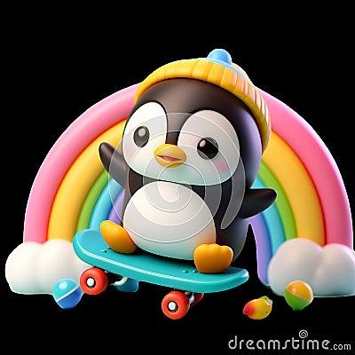 A cute and adorable penguin playing skateboard with rainbow and clouds, no background, t-shirt design, animal Stock Photo
