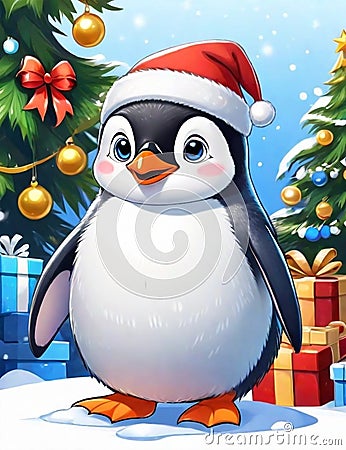 A cute and adorable penguin with santa hat and the christmas tree, gifts, cartoon style, animal design Stock Photo