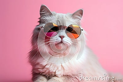 Cute adorable portrait of white fluffy cat wearing sunglasses over pink background. Stock Photo