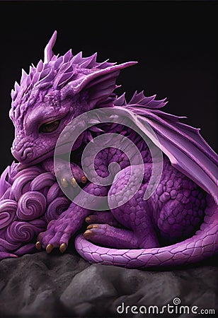 Cute adorable sleeping purple baby dragon Stock Photo