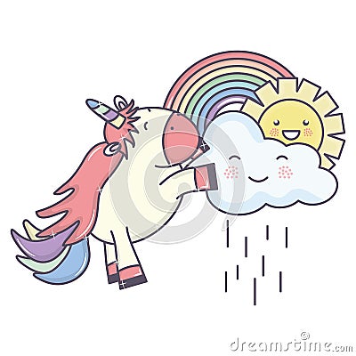 Cute adorable unicorn with clouds rainy and rainbow Vector Illustration