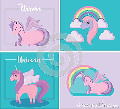 Cute Adorable of Unicorn Fairy Tale With Clouds and Rainbow in Sitting and Standing Position Vector Illustration