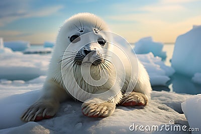 Cute and adorable white baby harp seal Stock Photo