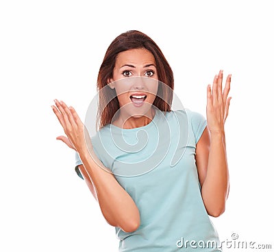 Cute adult woman screaming at you Stock Photo